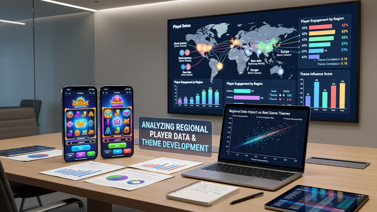 Data visualization dashboard showing regional player engagement metrics for reel game themes