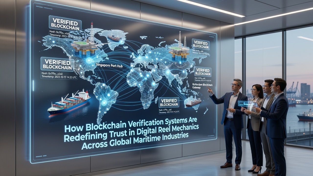 Global map highlighting blockchain adoption zones for digital reel verification with connected nodes across continents