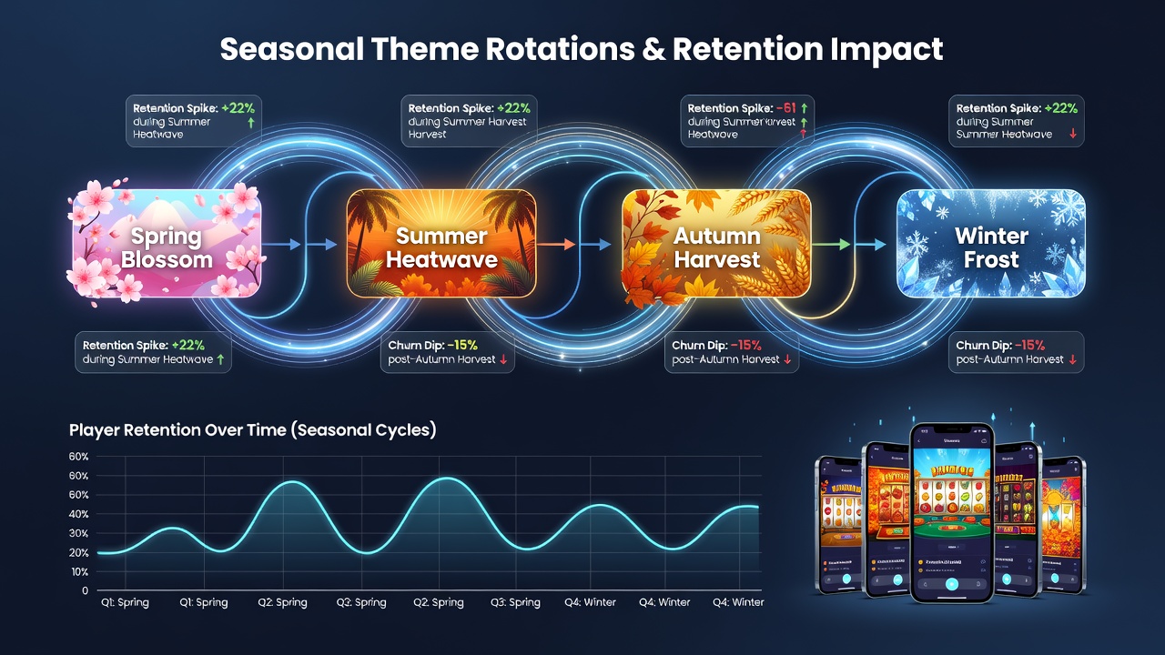 Analytics dashboard showing retention curves linked to seasonal casino app themes